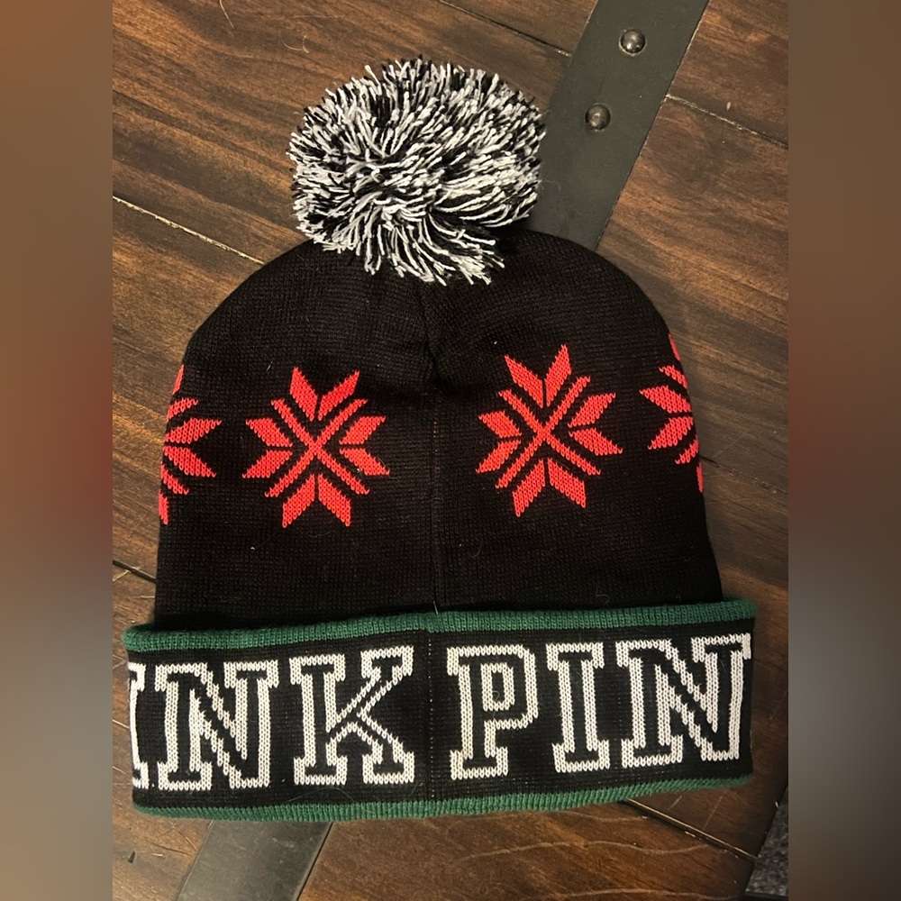 PINK Victoria's Secret Black and Red Knit Hat with Pom-Pom